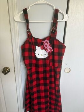 SHEIN Red and Black Buffalo Plaid Hello Kitty Midi Dress